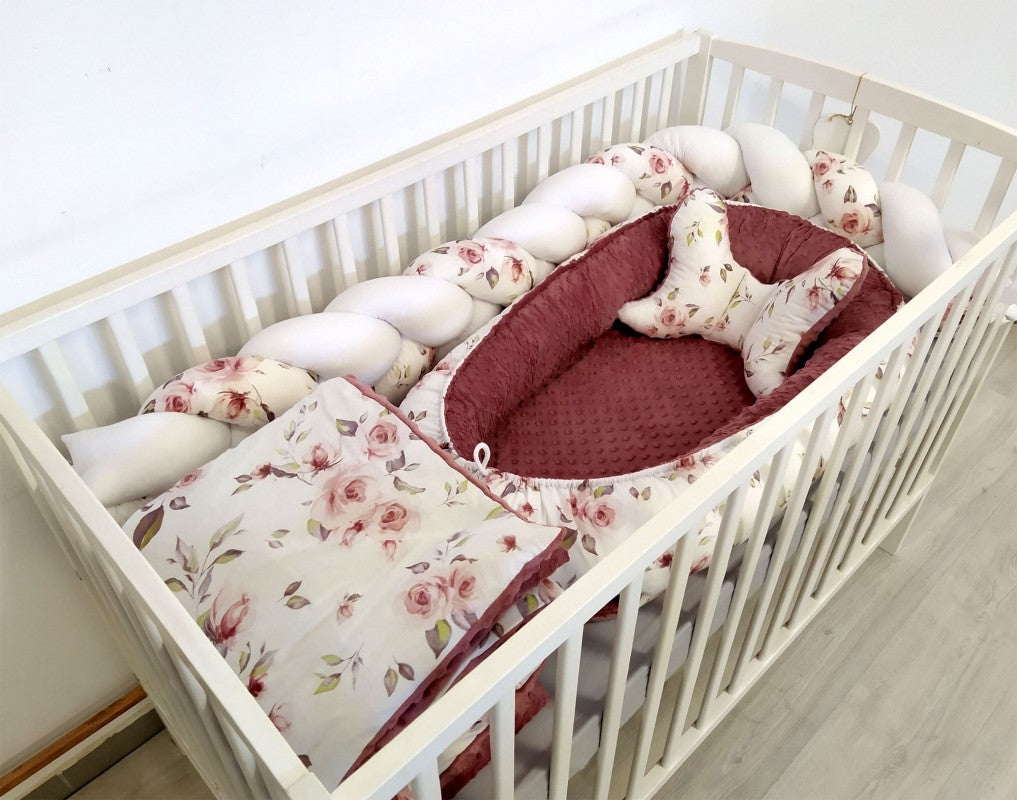 Ensemble de literie premium pour lit de bébé 5 pièces Fleurs rose