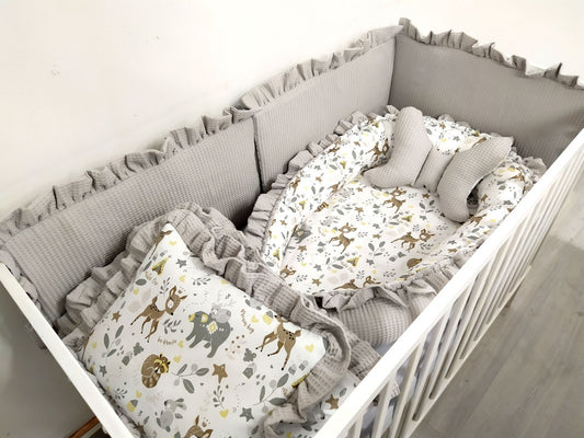 Ensemble de literie premium pour lit de bébé 5 pièces Animaux gris