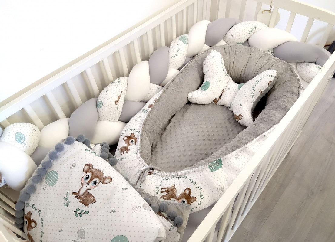 Ensemble de literie premium pour lit de bébé 5 pièces La Biche gris minky