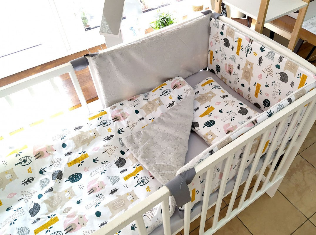 Ensemble de literie premium pour lit de bébé 5 pièces Animaux gris velours
