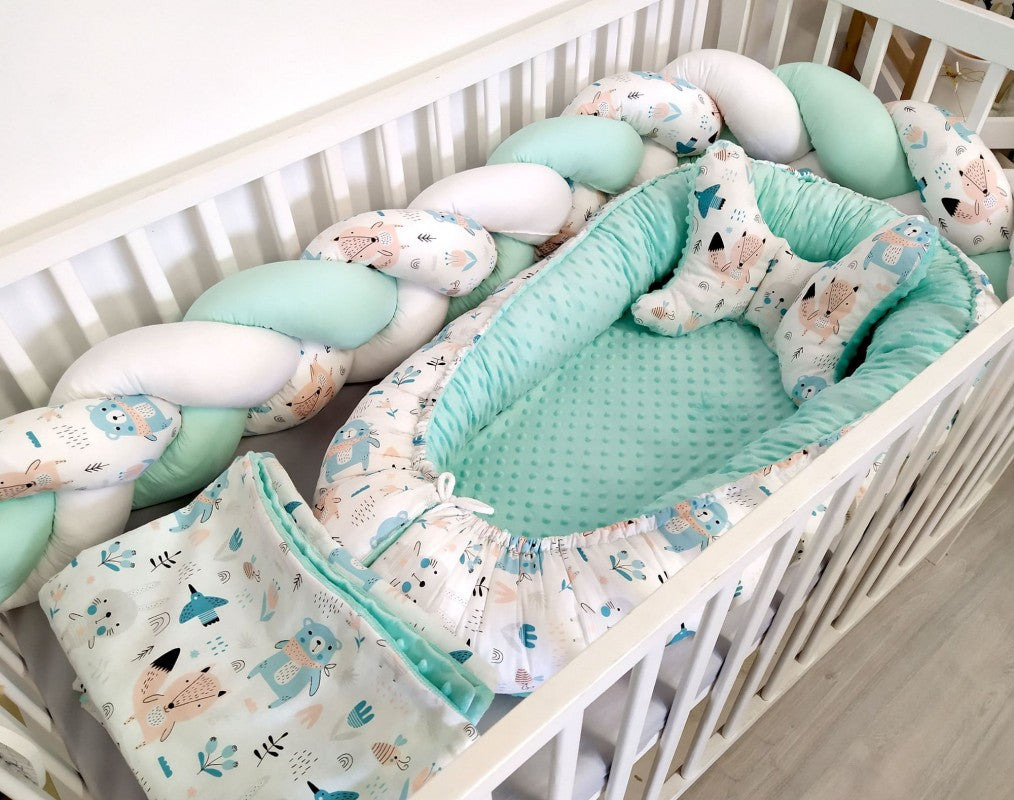 Ensemble de literie premium pour lit de bébé 5 pièces Animaux turquoise