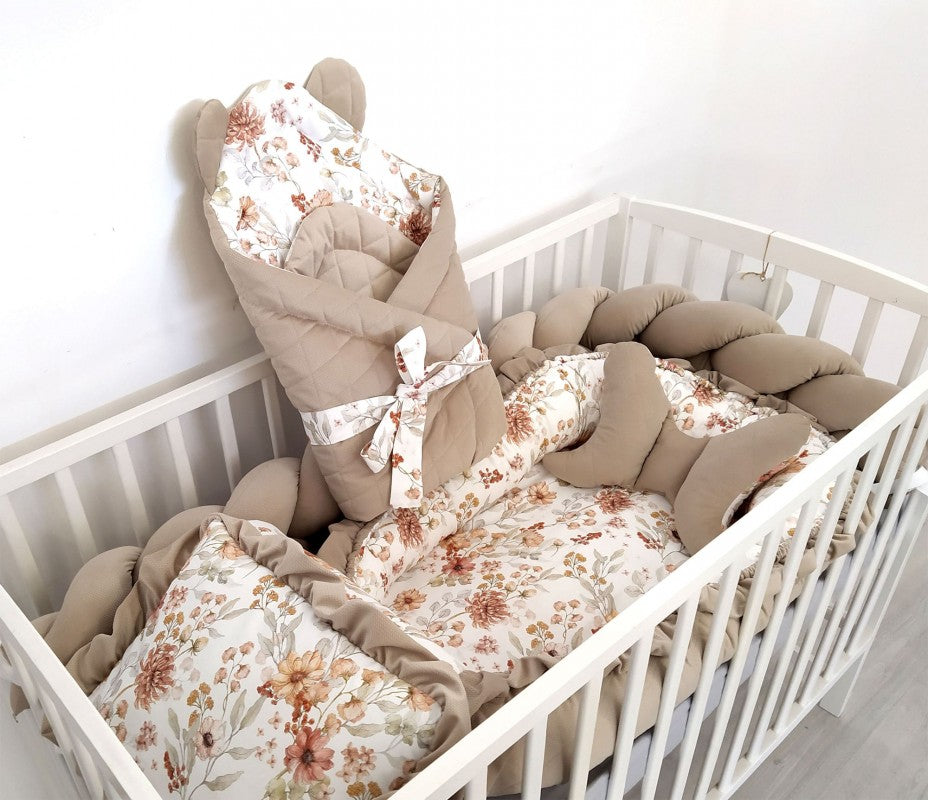 Ensemble de literie Premium pour lit de bébé 6 pièces Fleurs beige