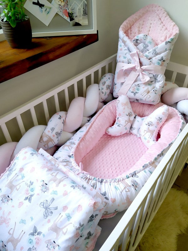Ensemble de literie Premium pour lit de bébé 6 pièces La Biche rose
