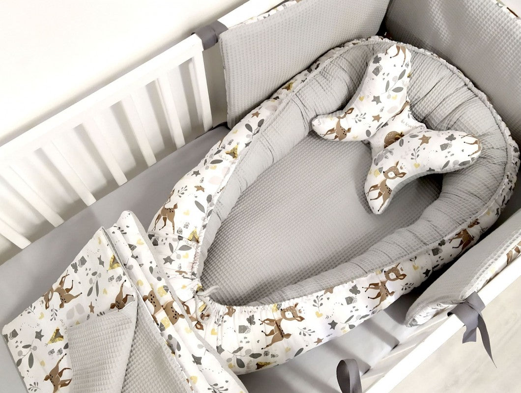 Ensemble de literie Premium pour lit de bébé 6 pièces Animaux waffle gris