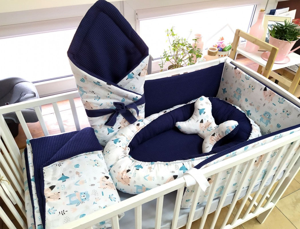 Ensemble de literie Premium pour lit de bébé 6 pièces Animaux bleu marine